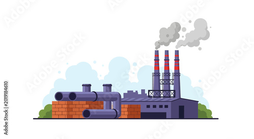 Industrial factory building with smoking chimneys and pipelines