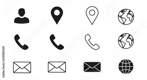 Collection of simple black icons showing person, location pins, globe, and communication symbols.