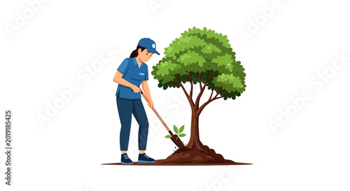 Female Gardener Planting a New Sapling Under a Mature Tree