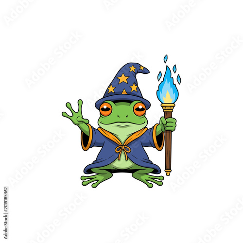 Magical frog wizard character with starry hat and blue flame torch