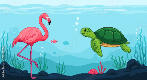 Pixel Art Underwater Scene with Pink Flamingo and Sea Turtle