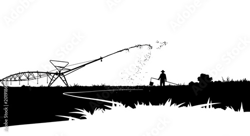 Farmer silhouette with center pivot irrigation system in field