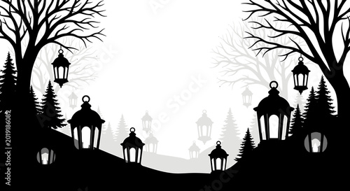 Mystic Silhouette Landscape with Forest Trees and Vintage Lanterns