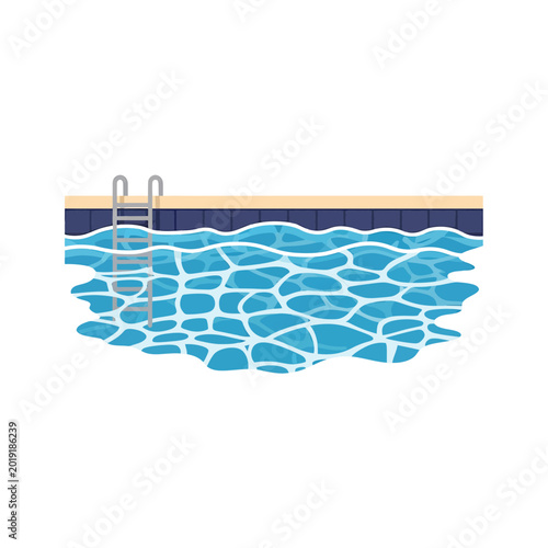 Sparkling blue swimming pool water with chrome ladder and poolside