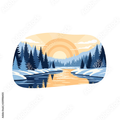 Peaceful winter forest landscape with snowy riverbank at sunrise