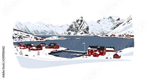 Winter landscape of coastal Scandinavian village with red cabins