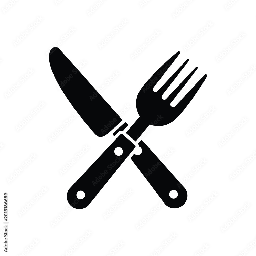 Naklejka premium Crossed knife and fork icon symbolising dining cutlery set for eating meal in restaurant or cafe on white background.