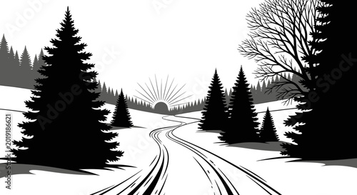 Serene winter forest landscape with snowy road and morning sun