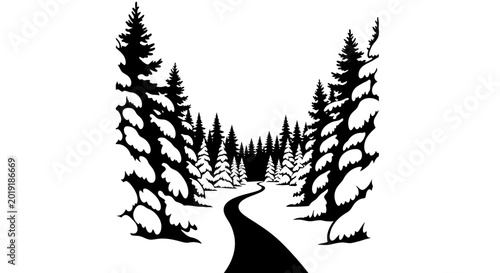 Winding path through a snow covered pine forest winter silhouette