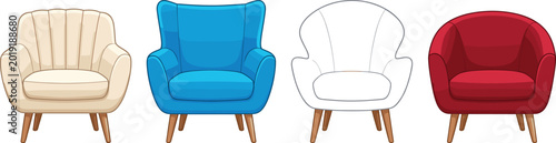 Foto Modern Armchair Icon Set Featuring Colorful Upholstered Lounge Chairs in Blue R