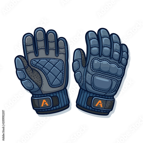 Pair of blue motorcycle gloves with orange accents on white background