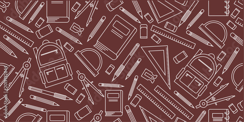 School supplies seamless pattern. School attributes seamless pattern. Student accessories repeat background. Back to school banner. Education doodle pattern background.