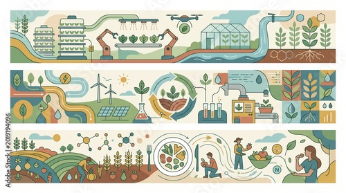 Eco-Friendly Farm Illustration: An illustrative panorama presents a futuristic vision of sustainable agriculture and modern farming methods. Featuring innovations like vertical farming, robotics.