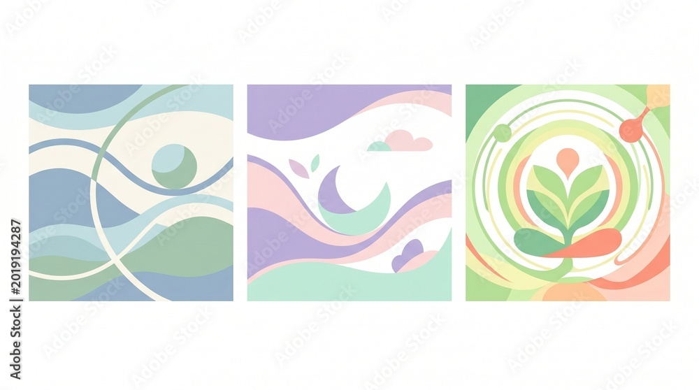 Fototapeta premium Abstract Harmony: A triptych of abstract artworks showcases fluid lines, soft hues, and organic shapes. Evoking a sense of serenity.