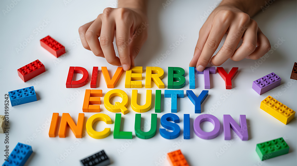 Naklejka premium Hands arranging colorful blocks spelling diversity equity inclusion emphasizing health, wellness, and vitality