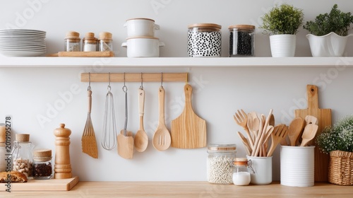 Modern kitchen setup with wooden utensils, glass jars, and potted herbs on white shelves showcasing a clean and organized culinary workspace