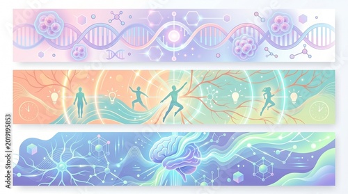 Artistic Exploration of Life's Code and Mind's Essence: Three artistic banner depict a journey through the realms of science, exploring DNA, human vitality, and the mysteries of the brain.