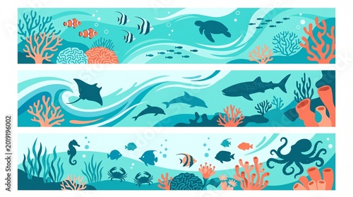 Underwater paradise: a vibrant illustration showcasing a diverse underwater scene with various marine life flourishing in their habitat.