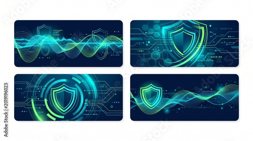Cybersecurity Shield Icons:  A set of four sleek icons depicting a shield, embodying the essence of cybersecurity. The designs blend futuristic elements with an aura of digital protection. 