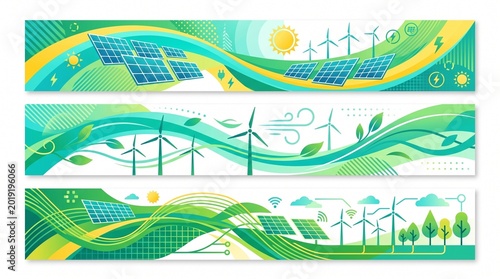 Sustainable Energy Banners: A trio of dynamic banners showcasing solar panels, wind turbines, and lush landscapes, symbolizing sustainable energy and environmental consciousness.