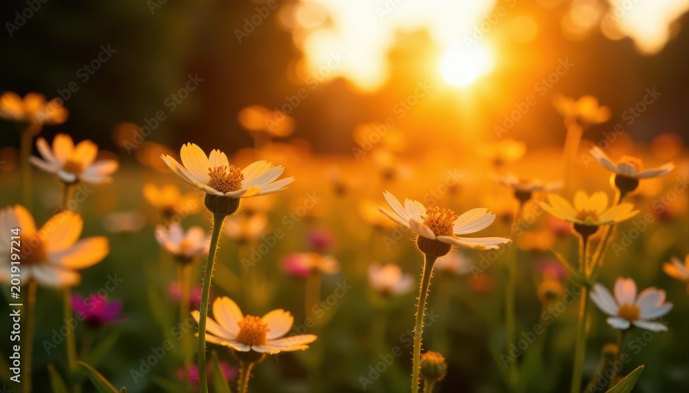 Fototapeta premium Golden hour sunlight filters through wildflowers in a vibrant orange sunset glade , picture, beauty