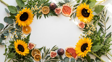 Vibrant floral flat lay frame for a wedding announcement, featuring sunflowers and dried fruit, forming a natural border background for advertising news.