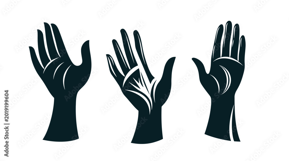 Fototapeta premium Three stylized, dark blue hand outlines against white background, one decorated