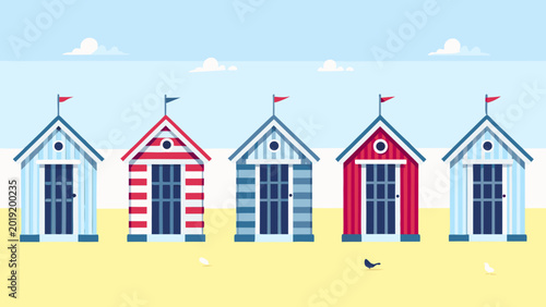 Konstfotografi Colorful beach huts illustration with blue sky and sand
