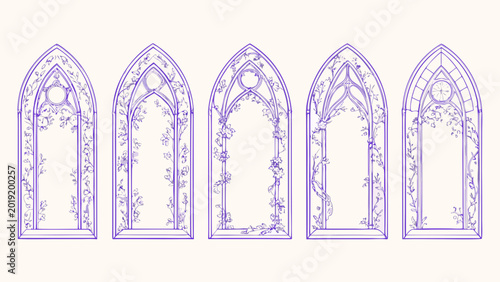 Schilderij op canvas five gothic arches purple line art floral decoration