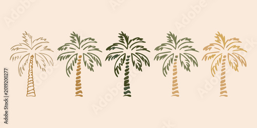 Palm trees illustration botanical line art on a beige background