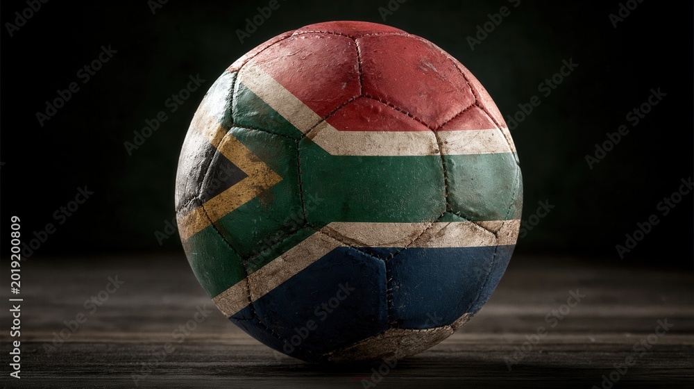 Fototapeta premium Soccer ball with south Africa flag painted on textured dark background.