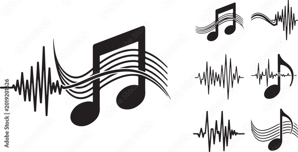 Obraz premium Music Notes and Sound Waves in Black