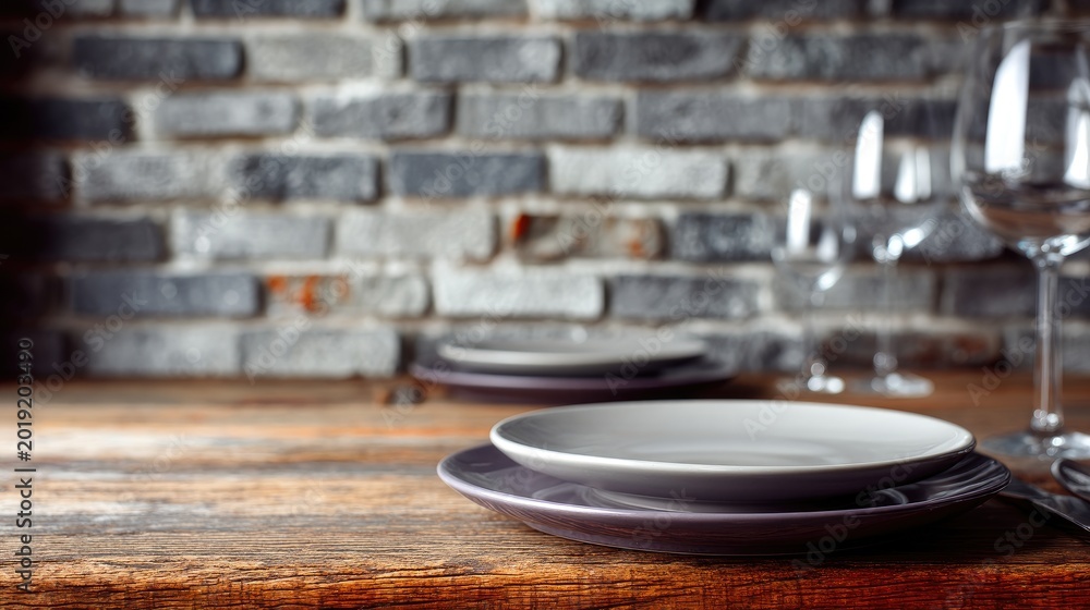 Obraz premium Elegant Dining Setup with Empty Plates and Wine Glasses on Rustic Wooden Table Against Textured Brick Wall for Modern Gourmet Culinary Experience