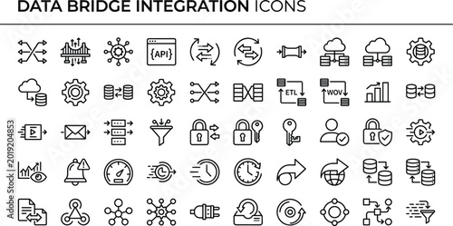 Data Bridge Integration Line Icon Set With API Connection Cloud Transfer Workflow And Security Symbols