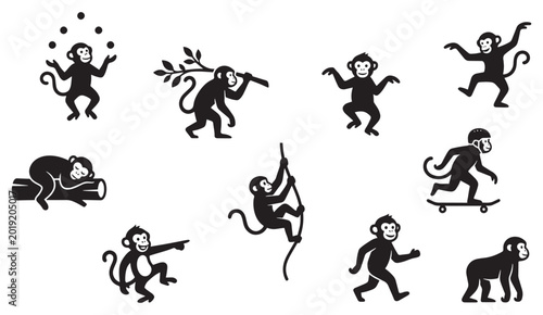 Photography Monkey Silhouette Icon Set – Playful Primate Poses, Jumping, Sitting, Climbing,