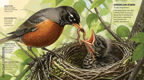 Bild auf Leinwand American Robin Bird Feeding Young Nestling Worm in Tree Branch Nature Close-up