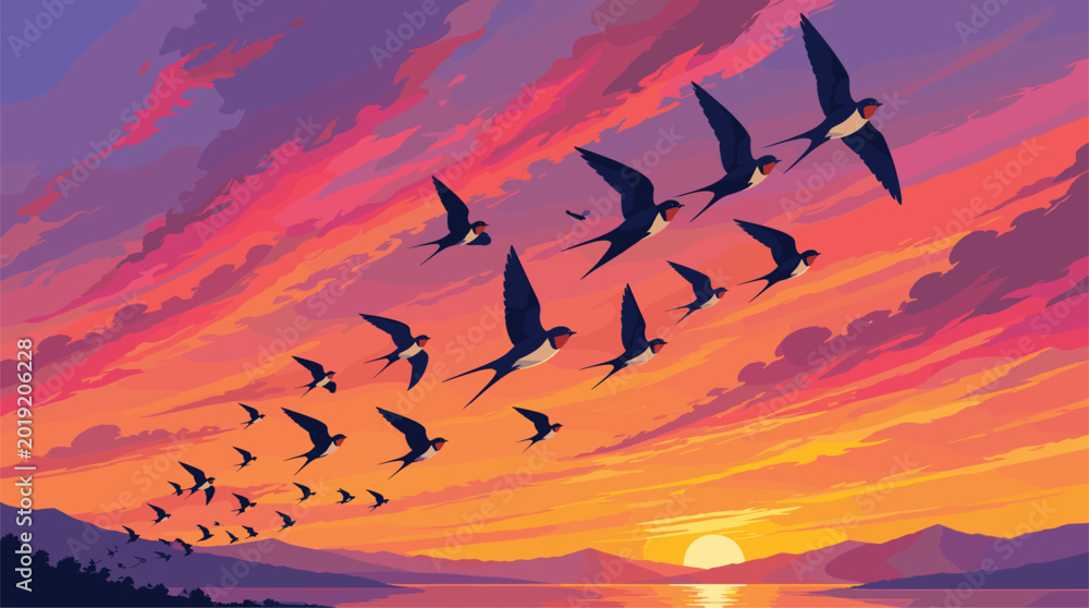 Φωτογραφία Flock of Birds Flying at Sunset Over Water, Nature Scenic View