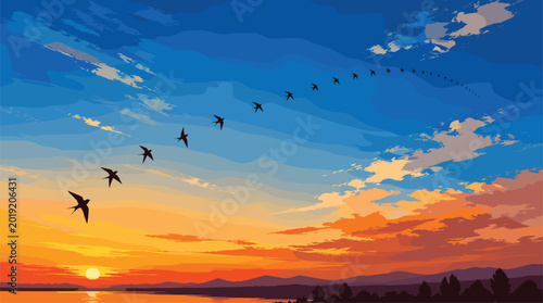 Photos Flock of Birds Migrating at Sunset Sky, Scenic Landscape Background
