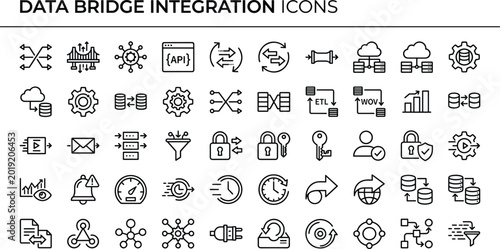 Data Bridge Integration Line Icon Set With API Connection Cloud Transfer Workflow And Security Symbols