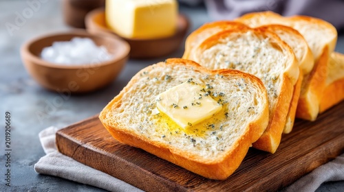 Freshly Sliced Bread with Butter and Herbs on a Wooden Board Surrounded by Ingredients for a Delicious Snack or Breakfast Treat