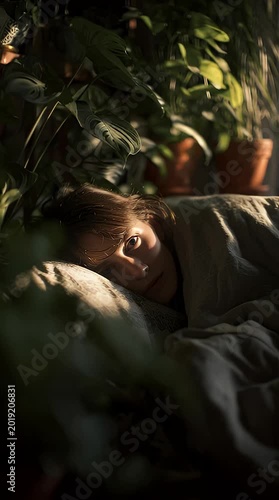 Serene portrait of a young girl peacefully sleeping in bed bathed in soft sunlight filtering through lush green plants creating a tranquil and cozy atmosphere