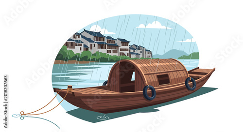 Wooden sampan boat on river in front of traditional architecture