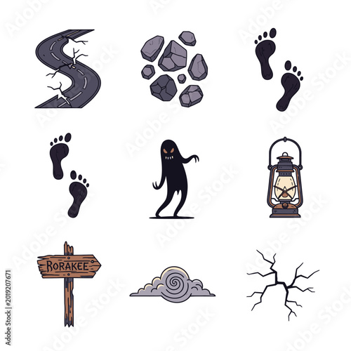 Cartoon illustrations of spooky elements road rocks footprints ghost and lamp