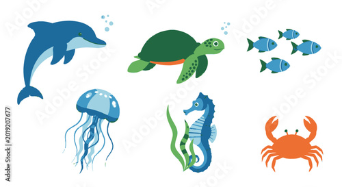 Cartoon ocean creatures dolphin turtle fish jellyfish seahorse crab