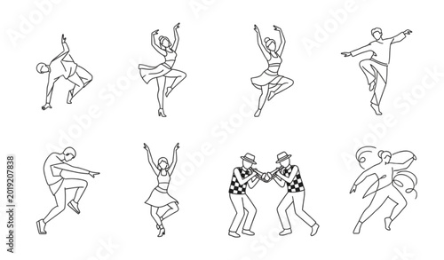 Foto Outline dance icon set with zumba jazz street dance and freestyle movement vecto