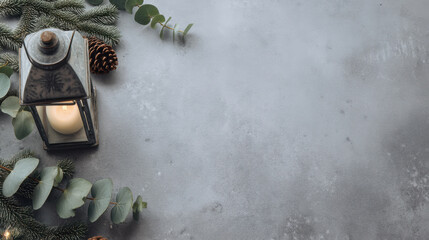 Cozy candle lantern, winter greenery, eucalyptus leaf, pine cone border on grey stone background creates calm seasonal mood