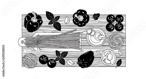 Italian Pasta Ingredients on Wooden Cutting Board Top View
