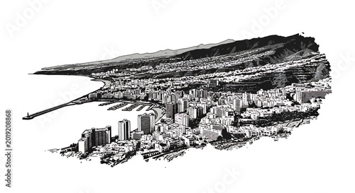 Coastal resort city skyline with mountain backdrop and harbor