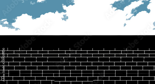 High Contrast Black Brick Wall under Stylized Blue Cloud Sky