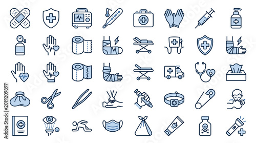 First aid and emergency medical line icons set in minimal style  
